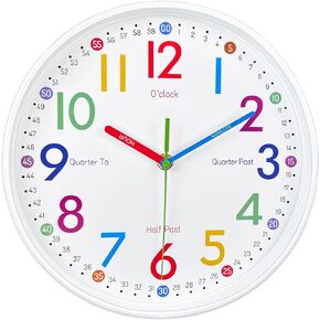 AIRUIFU Kids Wall Clock- Teaching Clock for Kids - Silent Analog Clock for Kids Room Decor, Colorful Wall Clock Helps Kids Easier to Tell Time（10 inch）