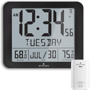 ساعة حائط ذرية رفيعة من MARATHON، باللون الأسود - عرض تقويم كامل كبير مقاس 10 بوصة مع درجة حرارة داخلية/خارجية. صباحًا/مساءًا أو تنسيق 24 ساعة، 7 مناطق زمنية - أربع بطاريات AA متضمنة in Kuwait