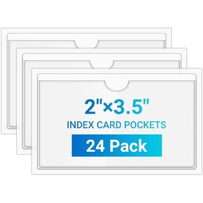 MaxGear 24 Pack Index Card Pockets with Top Open, Adhesive Pockets, Plastic Label Holder for Note Cards and Library Cards, Clear Adhesive Pockets for 2" x 3.5" Index Card, Label Holders, 2.4" x 3.9"