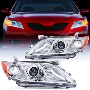 Nilight Headlight Assembly Compatible with 2007 2008 2009 Toyota Camry Headlamps Replacement Chrome Housing Amber Reflector Driver and Passenger Side, 2 Years Warranty