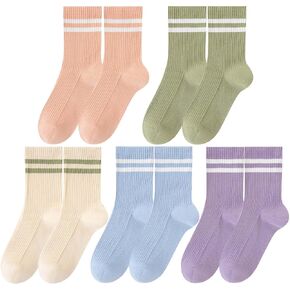 SailingTailor 5 Pairs Solid Color Two Stripe Crew Socks Casual Athletic Socks for women Girls