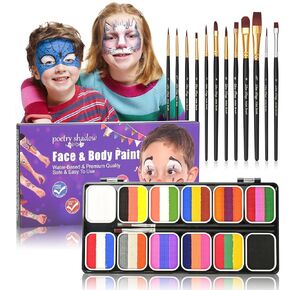 FantasyDay Face Body Painting Kit for Kids Adults12 x 10gm Face Paint Set Stencil One Stroke Split Cakes Palette Non-Toxic Rainbow Body Paint for Halloween Christmas Cosplay with 10 Brushes