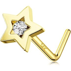 MeIighting Gold Nose Stud L Shaped, 20G Nose Rings, 14K Solid Gold Nose Piercing Jewelry for Women Clear CZ, Real Gold Heart Nose Screw, Star Nostril Piercing for Women in Saudi Arabia