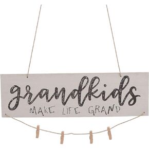 Mini Wooden Hanging Grandkids Photo Frame Make Life Grand Wall Board DIY Listing Note Clips Crafts Gifts for Grandma(White)
