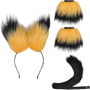 Faux Fur Fox Ears Headband Tail and Wrist Cuff Set Furry Animal Fox Costume for Halloween Cosplay Adult Couple Game
