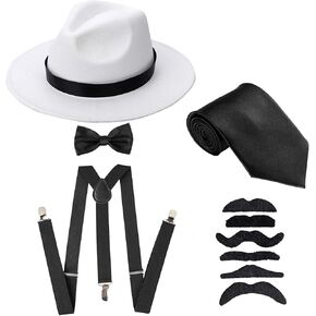 مجموعة قبعة مانهاتن فيدورا من عشرينيات القرن العشرين للرجال، وحمالات على شكل حرف Y وربطة عنق مربوطة مسبقًا، وربطة عنق العصابات وشارب مزيف (مقاس واحد، قبعة بيضاء وحمالات سوداء 1) in Kuwait