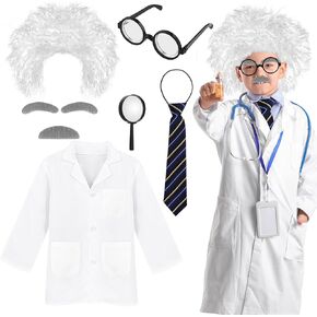 Kavoc Mad Scientist Costume Set White Wig Lab Coat Glasses Eyebrows Bow Tie for Fancy Dress Up Supplies