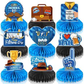 9 Pieces Father's Day Decorations Honeycomb Centerpiece Double Sided Printing Blue Table Centerpieces for Father's Family Birthday Party Decor, Happy Fathers Day Party Supplies, Photo Backdrop