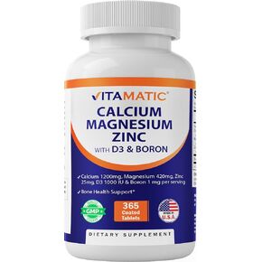 Vitamatic Calcium Magnesium Zinc D3 Boron | 365 Coated Tablets Supplement | Calcium 1200 mg, Magnesium 420mg, Zinc 25mg, Vitamin D3 1000 IU, Boron 1 mg | Non-GMO | Gluten Free | Made in USA