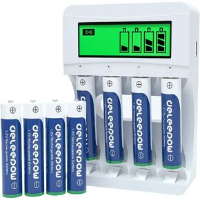 Deleepow AAA Rechargeable Batteries Ni-MH 1100mAh 1200 Cycles (8Pcs) with LCD Smart Battery Charger for Rechargeable AA AAA Batteries
