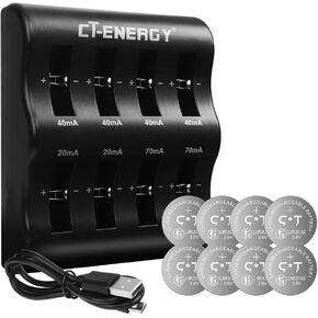 CT-ENERGY LIR2032 Lithium Coin Button Cells Battery Charger 8 Slots for 8 Pack 3.6V Rechargeable 2032 Batteries Replacing cr2032 Key Remote Airtag Battery