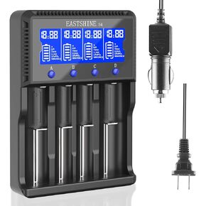 Universal Smart Battery Charger 4 Bay for Rechargeable Batteries NiMH NiCd AA AAA C Li-ion LiFePO4 IMR 18650 21700 20700 26650 14500 16340 18500 10440 18350 RCR123a LCD Display UL Listed