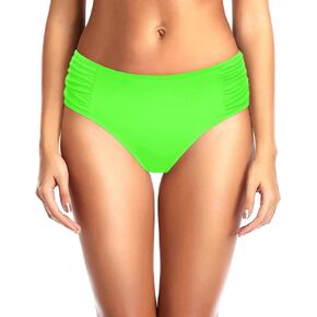 Tempt Me Women Neon Green Bikini Bottoms Mid Waist Ruched Bathing Suit Swimsuit Full Coverage Swim Bottom M