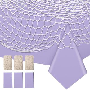 Unittype 6 Pcs Fish Net Decorative and Tablecloth Set, Cotton Fishnet and Plastic Table Cover Decorations Set for Nautical Themed Party Baby Shower Pirate Decorations Mermaid Party (Classic Color)