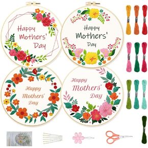 ORIGACH 4 Pack Flowers and Plants Embroidery Kits for Beginners, DIY Starter Hand Embroidery Kit with Floral and Plants Patterns and Instructions for Adults Women Crafting