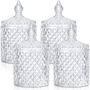 Aoriher 4 Pcs Crystal Glass Candy Jar with Lid Home Decorative Jar Glass Storage Bathroom Jars Jewelry Box Canister Jar for Cotton Swab Glass Jar for Kitchen Bathroom Pantry (Clear,Large)