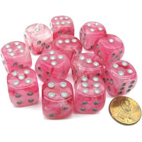 Chessex Ghostly Glow 16mm D6 Dice Block (12 Dice) - Pink with Silver Numbers