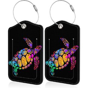 Set of 2 Luggage Tags for Suitcase Colorful Floral and Peace Symbol PU Leather Travel Baggage Tag with Stainless Steel Loop for Men Women Travel Bag Suitcase with Name ID Label Set Full Privacy Cover
