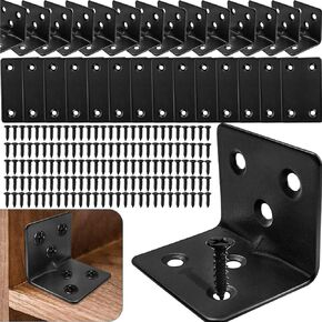 32PCS Black L Corner Brackets for Wood + 192PCS Screws, Stainless Steel Corner Braces Metal Small L Brackets for Shelves, Heavy Duty Angle Brackets for Raised Bed Table Leg Frame Cabinet