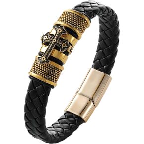 Gryfoner Mens Black Braided Leather Bracelet Stainless Steel Wristband Memorial Bangle With Cross Christian Bracelet