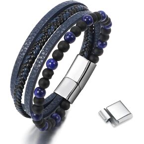 OHEDOS Mens Leather Beads Bracelet for Men Adjustable buckle Clasp Steel Wristband Braided Cuff Tiger-Eye Lava Rock Beaded Stone Bangle Confirmation Christmas Gift