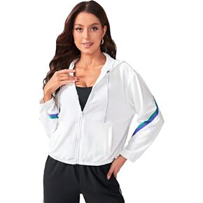 SweatyRocks Women's Long Sleeve Color Block Zip Up Hooded Workout Crop Jacket Drawstring Athletic Sports Outwear with Pocket