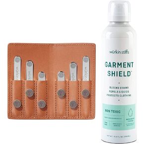 Würkin Stiffs Assorted Power Stays Magnetic Collar Stays Travel Set + Garment Shield Spray Tan Leather Wallet Case | 6.8 oz Air-Powered Clothing Protector Spray