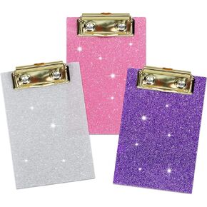 Junkin 3 Pcs Mini Glitter Clipboard 4" x 6" Bling Small Acrylic Clipboards Mini Pocket Memo Size Clip Boards with Low Profile Clip for Office Classroom Back to School Supplies Pink Silver Purple