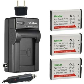 Kastar 3-Pack Battery and AC Charger with Car Adapter Compatible with Casio NP-90 NP-90DBA CNP-90 BC-90L, Casio Exilim EX-FH100 EX-FH100BK, EX-H10, EX-H15, Exilim EX-H20 EX-H20G EX-H20GBK EX-H20GSR
