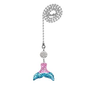 Blue and pink glitter mermaid tail and silver charm fan pull or light pull handmade by Mossy Cabin with 12" chain and clasp. Ceiling fan accessory.