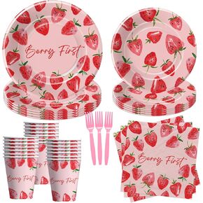 Xenorik Strawberry Berry First Birthday Party Supplies - Strawberry 1st Birthday Party Decorations Tableware, Plate, Cup, Napkin, Fork, Strawberry One Year Old Birthday Table Decorations | Serve 24