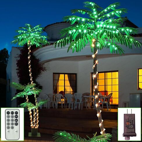 LeeTia 7FT أشجار النخيل الاصطناعية المضاءة للفناء الخارجي مع 260 LED مضاءة ثلاثة جذوع أشجار عيد الميلاد للمنازل والمكاتب خارج الفناء بجانب حمام السباحة وبار الشواطئ وساحات حمام السباحة وحفلات الرحلات البحرية in Saudi Arabia