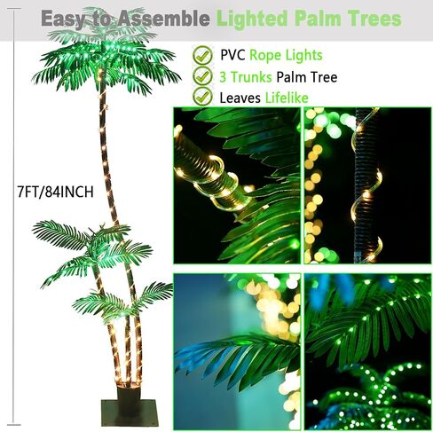 LeeTia 7FT أشجار النخيل الاصطناعية المضاءة للفناء الخارجي مع 260 LED مضاءة ثلاثة جذوع أشجار عيد الميلاد للمنازل والمكاتب خارج الفناء بجانب حمام السباحة وبار الشواطئ وساحات حمام السباحة وحفلات الرحلات البحرية in Saudi Arabia