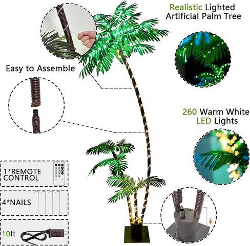 LeeTia 7FT أشجار النخيل الاصطناعية المضاءة للفناء الخارجي مع 260 LED مضاءة ثلاثة جذوع أشجار عيد الميلاد للمنازل والمكاتب خارج الفناء بجانب حمام السباحة وبار الشواطئ وساحات حمام السباحة وحفلات الرحلات البحرية in Saudi Arabia