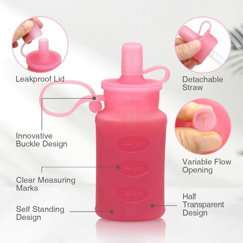 Morlike Reusable Baby Food Pouches, 4oz Silicone Squeeze Storage Bags with Straw for Toddlers Kids, Washable & Freezable (Pink - 2 Pack) in Saudi Arabia