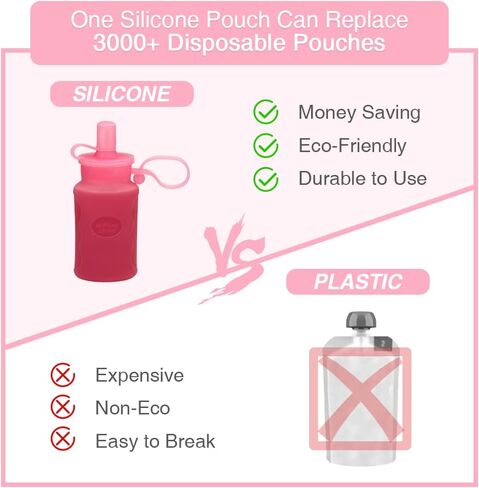 Morlike Reusable Baby Food Pouches, 4oz Silicone Squeeze Storage Bags with Straw for Toddlers Kids, Washable & Freezable (Pink - 2 Pack) in Saudi Arabia