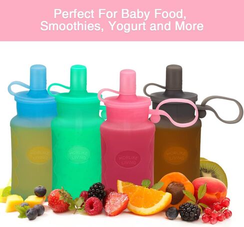 Morlike Reusable Baby Food Pouches, 4oz Silicone Squeeze Storage Bags with Straw for Toddlers Kids, Washable & Freezable (Pink - 2 Pack) in Saudi Arabia