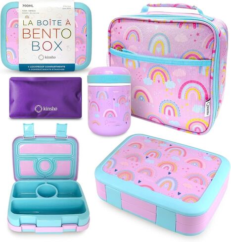 Bento Lunch Box with Thermos for Kids Set, Insulated Lunch Bag with Ice Pack, Stainless Steel Food Jar for Hot Soup, Boxes with 4 Compartments, Purple Rainbow in Saudi Arabia