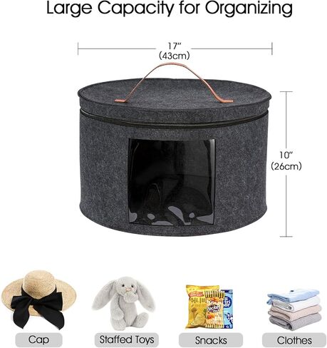 CINPIUK صندوق تخزين كبير للقبعة للنساء والرجال مقاس 17 بوصة D حقيبة منظم قبعة السفر القابلة للطي مع نافذة عرض صندوق تخزين مستدير لملابس رعاة البقر وقبعة الحيوانات المحشوة in Kuwait