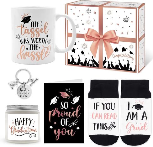 Graduation Gift Set for Her Congratulations Present Box for Girl Women Girlfriend Sister Coffee Mugs Socks Key Chain Candle Card Rose Gold in Saudi Arabia