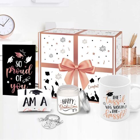 Graduation Gift Set for Her Congratulations Present Box for Girl Women Girlfriend Sister Coffee Mugs Socks Key Chain Candle Card Rose Gold in Saudi Arabia