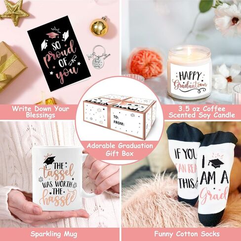 Graduation Gift Set for Her Congratulations Present Box for Girl Women Girlfriend Sister Coffee Mugs Socks Key Chain Candle Card Rose Gold in Saudi Arabia