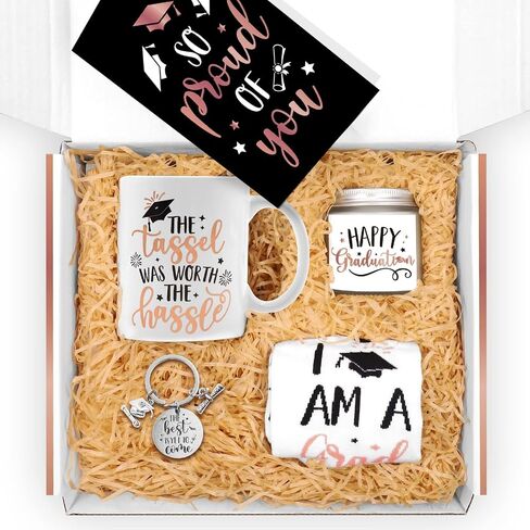 Graduation Gift Set for Her Congratulations Present Box for Girl Women Girlfriend Sister Coffee Mugs Socks Key Chain Candle Card Rose Gold in Saudi Arabia