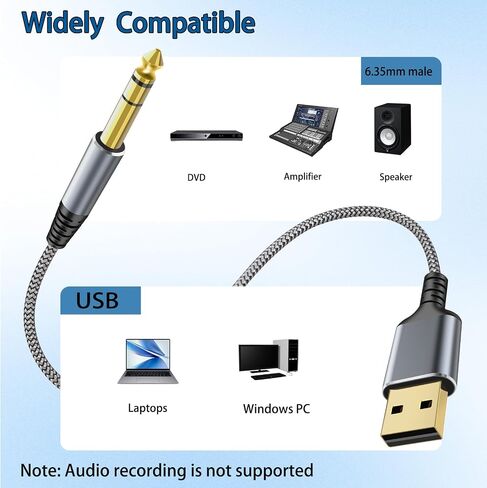 كابل صوت ستيريو USB إلى 1/4 بوصة TRS، محول صوت ذكر 4FT USB A إلى 6.35 مم 1/4 بوصة للكمبيوتر المحمول والنوافذ والكمبيوتر الشخصي ومكبر الصوت ومكبر الصوت وسماعات الرأس، ملاحظة: لا ينطبق على التسجيل والشاحنة ومنافذ USB للتلفزيون in Kuwait