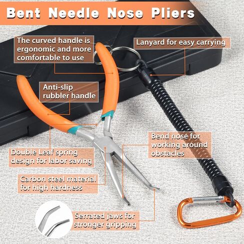 Long Needle Nose Pliers 7 Inches Extra Long Reach Bent Needle Nose Pliers with Serrated Jaw Lanyard Curved Handle Jewelry Pliers For Jewelry Making, Bending Wire and Small Object Gripping in Kuwait