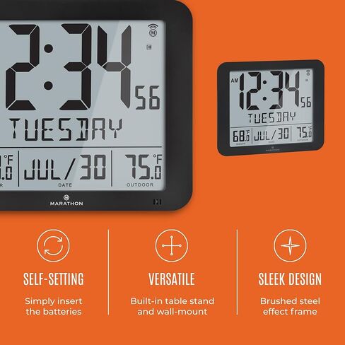 ساعة حائط ذرية رفيعة من MARATHON، باللون الأسود - عرض تقويم كامل كبير مقاس 10 بوصة مع درجة حرارة داخلية/خارجية. صباحًا/مساءًا أو تنسيق 24 ساعة، 7 مناطق زمنية - أربع بطاريات AA متضمنة in Kuwait