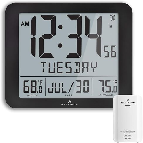 ساعة حائط ذرية رفيعة من MARATHON، باللون الأسود - عرض تقويم كامل كبير مقاس 10 بوصة مع درجة حرارة داخلية/خارجية. صباحًا/مساءًا أو تنسيق 24 ساعة، 7 مناطق زمنية - أربع بطاريات AA متضمنة in Kuwait