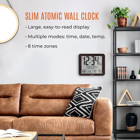 ساعة حائط ذرية رفيعة من MARATHON، باللون الأسود - عرض تقويم كامل كبير مقاس 10 بوصة مع درجة حرارة داخلية/خارجية. صباحًا/مساءًا أو تنسيق 24 ساعة، 7 مناطق زمنية - أربع بطاريات AA متضمنة in Kuwait