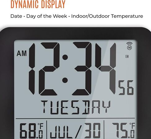 ساعة حائط ذرية رفيعة من MARATHON، باللون الأسود - عرض تقويم كامل كبير مقاس 10 بوصة مع درجة حرارة داخلية/خارجية. صباحًا/مساءًا أو تنسيق 24 ساعة، 7 مناطق زمنية - أربع بطاريات AA متضمنة in Kuwait