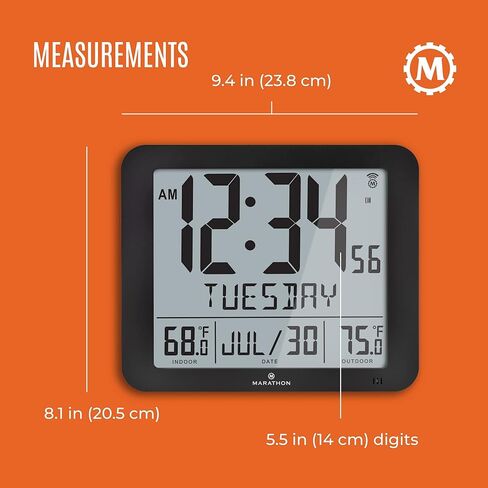 ساعة حائط ذرية رفيعة من MARATHON، باللون الأسود - عرض تقويم كامل كبير مقاس 10 بوصة مع درجة حرارة داخلية/خارجية. صباحًا/مساءًا أو تنسيق 24 ساعة، 7 مناطق زمنية - أربع بطاريات AA متضمنة in Kuwait